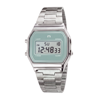 Montre digitale vintage ~ argent-bleu ciel
