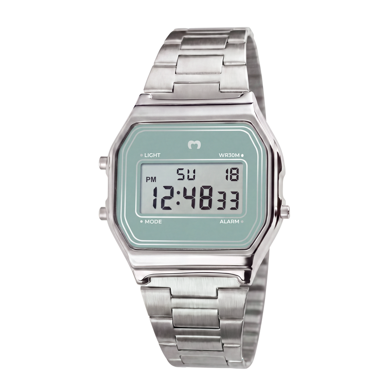Montre digitale vintage ~ argent-bleu ciel