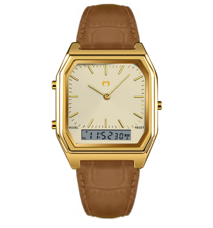 Montre vintage rétro CUIR ~ Gold-Brown